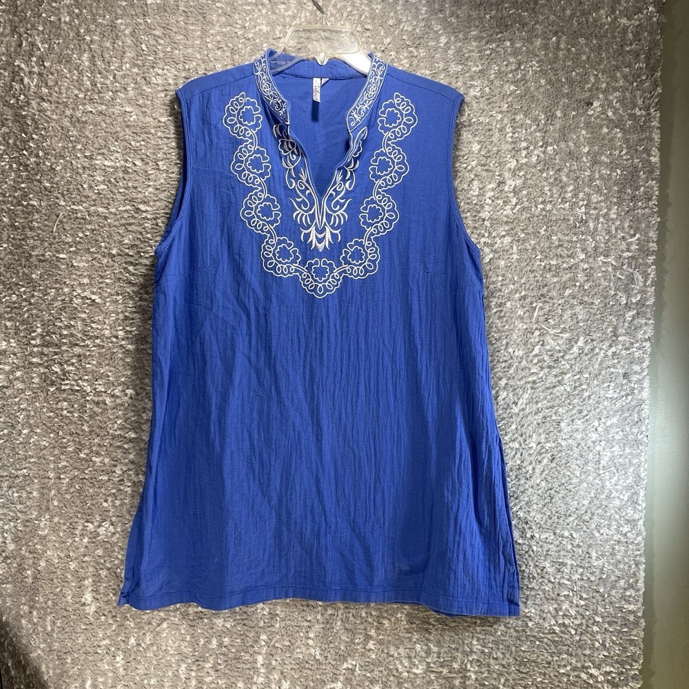Lulu B Embroidered Sleeveless Gauze Crinkle Lightweight Tunic Top L Vacation